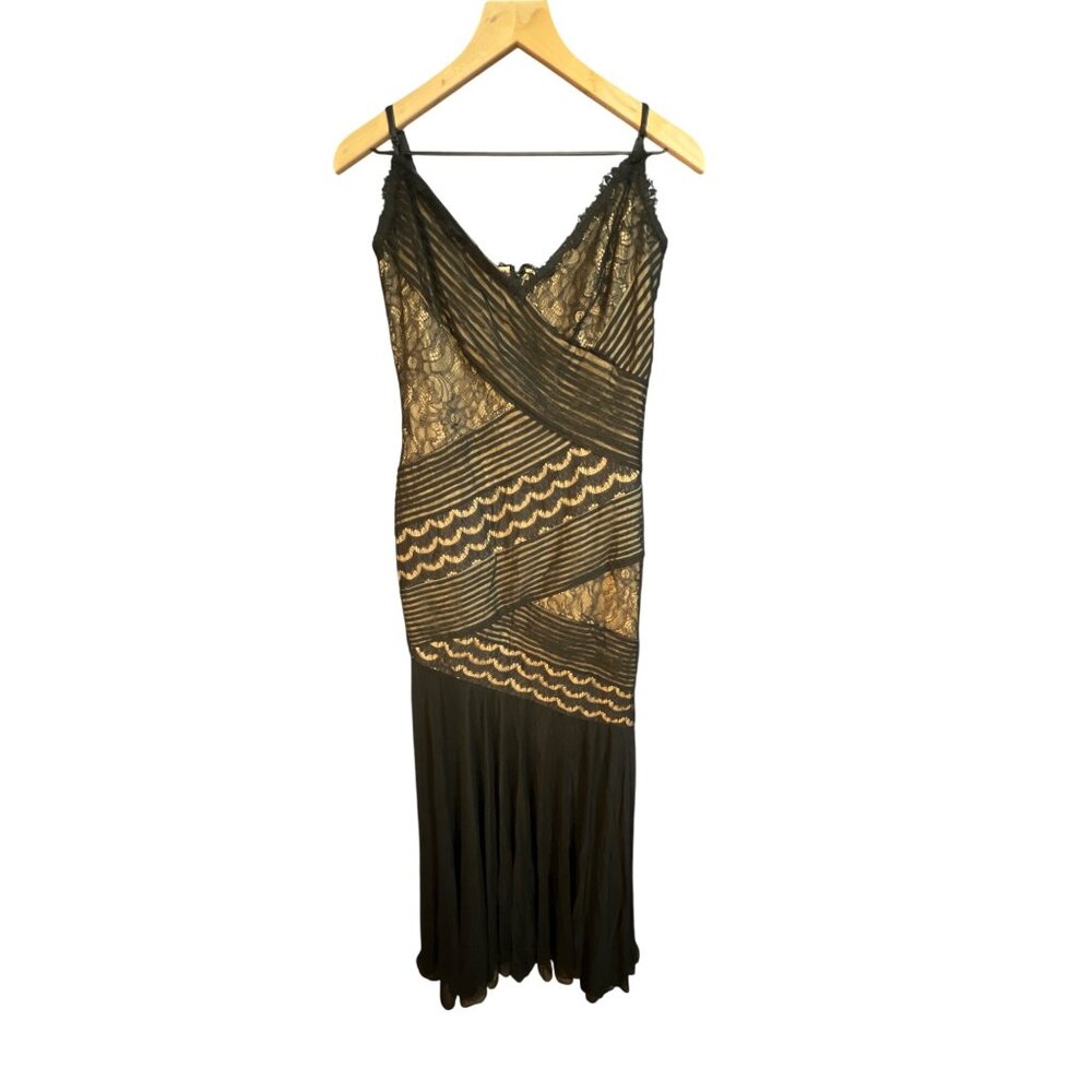 Tadashi Shoji Black Lace & Striped Floor Length Dress‎ Size 6